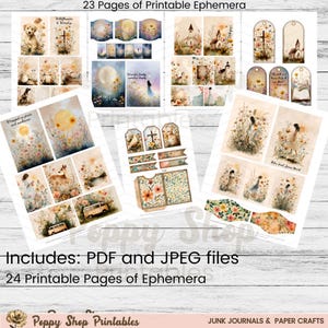 May include: A collection of printable ephemera pages featuring watercolor illustrations. The pages include images of flowers, animals, churches, and inspirational quotes. The text on the pages reads "Wildflowers & Worship", "Wrapped in peace and sunbeams", and "Behold Jesus heart". The image also includes the text "23 Pages of Printable Ephemera", "Includes: PDF and JPEG files", and "24 Printable Pages of Ephemera".