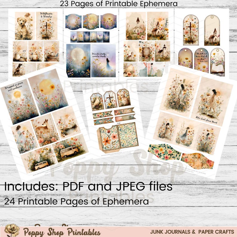 May include: A collection of printable ephemera pages featuring watercolor illustrations. The pages include images of flowers, animals, churches, and inspirational quotes. The text on the pages reads "Wildflowers & Worship", "Wrapped in peace and sunbeams", and "Behold Jesus heart". The image also includes the text "23 Pages of Printable Ephemera", "Includes: PDF and JPEG files", and "24 Printable Pages of Ephemera".