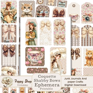 Shabby Bows Ephemera, Coquette Ephemera, Cartões de diário, Etiquetas, Rótulos, Bolsos, Folha de colagem, Diário de lixo, Suprimentos para scrapbook, Cottagecore