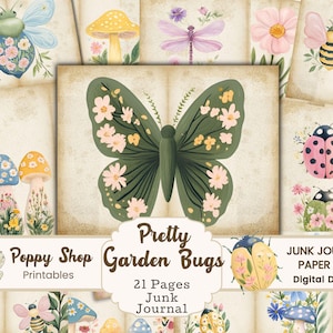 Pagine di diario con insetti da giardino, farfalle, api, coccinelle, funghi, download a tema giardino, carta stampabile, natura