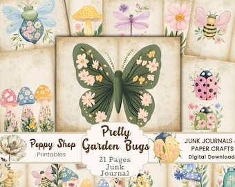 Garden Bugs Junk Journal Pages, Cottagecore Butterflies, Bees, Ladybugs, Mushrooms, Garden Themed, Printable Papers