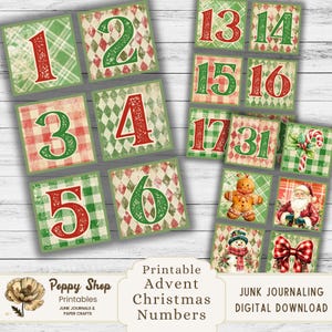 Kerstnummers, Adventlabels, Shabby, Vintage kortstondige, Junk Journal, Adventskalendernummers, Cadeaulabel, Adventstickers, Cijferlabels