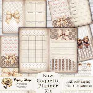 Pode incluir: Um kit de planejador para download digital com uma estética vintage e shabby chic. O kit inclui uma página de calendário, uma página de notas e uma página de lista de compras. Cada página é decorada com laços, padrões florais e um fundo desbotado.