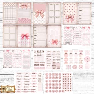 May include: A printable planner sheet set with a pink and white color scheme. The set includes a variety of pages for planning, tracking, and journaling. The pages feature a variety of decorative elements, including bows, hearts, and polka dots.