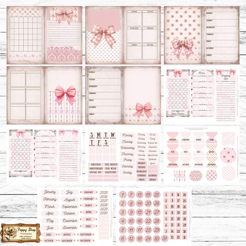 May include: A printable planner sheet set with a pink and white color scheme. The set includes a variety of pages for planning, tracking, and journaling. The pages feature a variety of decorative elements, including bows, hearts, and polka dots.