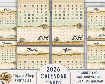 May include: A printable 2026 calendar card set with monthly layouts. Each month features a neutral color scheme with decorative accents. The calendar includes the text "2026 Calendar Cards Printable" and "Planner and Junk Journaling Digital Download."