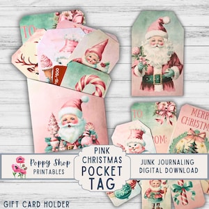 Étiquette de poche de Noël rose, père Noël, porte-cartes cadeau, Noël, pochette pour étiquettes de poche, père Noël rétro, rose, minable, éphémère, imprimable, téléchargement