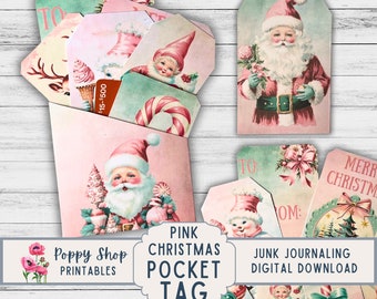 Pink Christmas Pocket Tag, Santa, Gift Card Holder, Christmas, Pocket Tag Folder, Retro Santa, Pink, Shabby,  Ephemera, Printable, Download