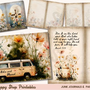 May include: A collection of vintage-style junk journal and paper craft printables. The images feature watercolor illustrations of flowers, a cross, a VW van with the text "Boho and Blessed", and Bible verses. The overall theme is a blend of bohemian and religious aesthetics.