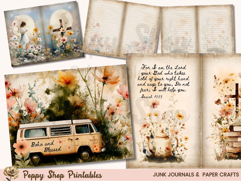 May include: A collection of vintage-style junk journal and paper craft printables. The images feature watercolor illustrations of flowers, a cross, a VW van with the text "Boho and Blessed", and Bible verses. The overall theme is a blend of bohemian and religious aesthetics.