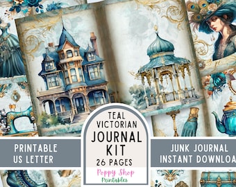 Victorian Junk Journal Kit, Vintage, Teal, Victorian Fashion, Lady, Journal Pages, Junk Journal, Ephemera, Printable, Scrapbook, Download