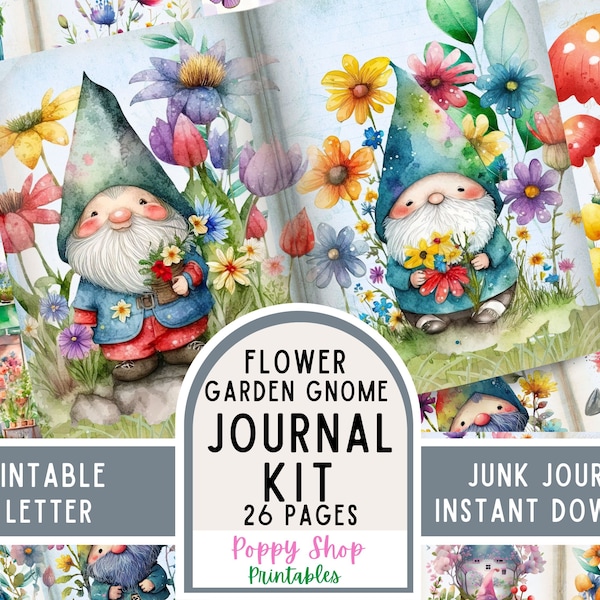 Gnome Junk Journal, Junk Journal Kit,  Flower Garden, Mushrooms, Cottage, Printable, Journal Page, Scrapbook, Ephemera, Instant Download