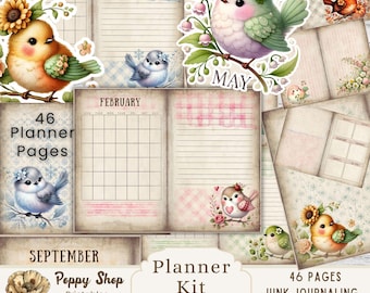 Shabby Birds Printable Planner Kit, Monthly Printable Planner, Month, Weekly, Calendar, Planner Pages, Junk Journal planner, Planner Insert