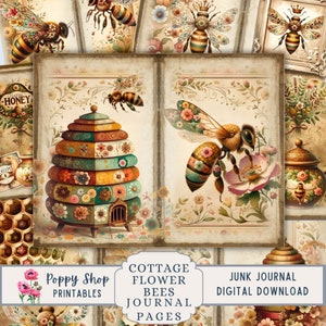 Bee Junk Journal, Kit, Bee Journal Pages, Flower Bee, floral, Vintage Bee, colorido, Junk Journal para impressão, folha de colagem digital, download
