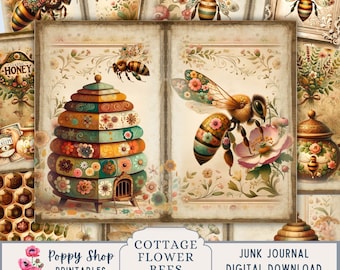 Bee Junk Journal Pages Kit, Flower Vintage Bee Hives, Colorful floral, Printable, Collage Sheet