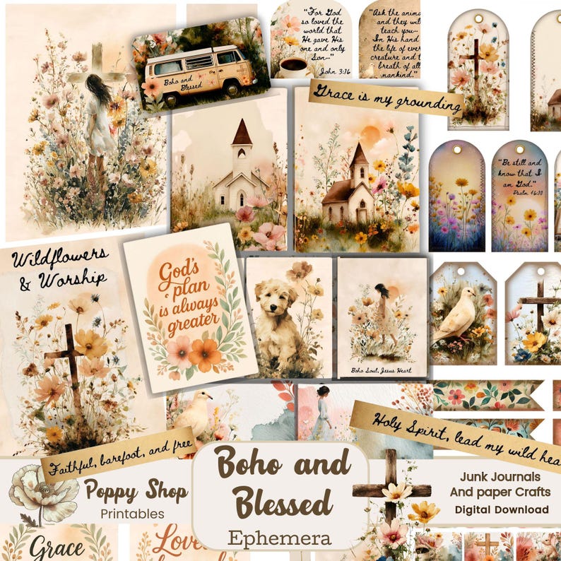 May include: A collection of digital ephemera with a boho and blessed theme. The image includes printable cards, tags, and illustrations featuring crosses, churches, flowers, and inspirational quotes. The color palette is soft and muted.