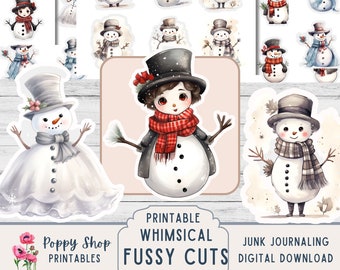 Snowman Fussy Cuts, Printable, Winter, Cute Snowman, Whimsical, Fussy Cuts, Stickers, Junk Journal, Ephemera, Embellishments, Download.