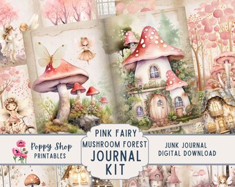 Pink Mushroom Junk Journal Kit, Pink Fairy Junk Journal, Pink, Cottage, Forest, Printable, Mushroom Ephemera, Journal Pages, Download