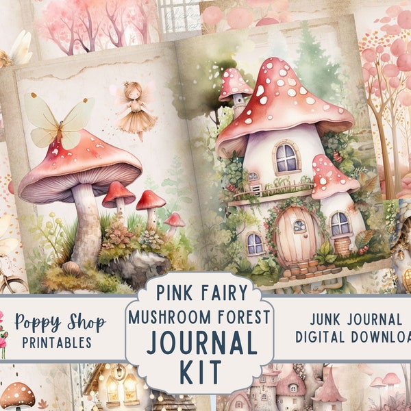 Pink Mushroom Junk Journal Kit, Pink Fairy Junk Journal, Pink, Cottage, Forest, Printable, Mushroom Ephemera, Journal Pages, Download