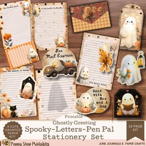 Pode incluir: Uma coleção de papelaria imprimível com tema assustador. Inclui papel pautado, etiquetas e autocolantes com fantasmas, abóboras e flores de outono. O conjunto é intitulado "Ghostly Greeting Spooky-Letters-Pen Pal Stationery Set."