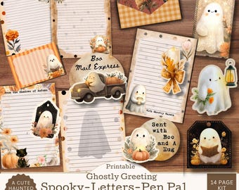 Boho Ghost Stationery Set, Spooky Cute Letter Paper, Halloween Pen Pal Kit, Ghost Mail, Printable Writing Paper, Envelopes, Fussy Cuts