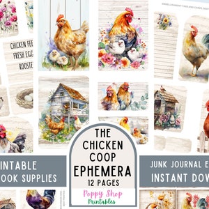 Éphémères de poulailler pour poulailler, éphémères de poulet, éphémères de journal indésirable, vintage, ferme, campagne, imprimable, album, carte ATC, téléchargement numérique