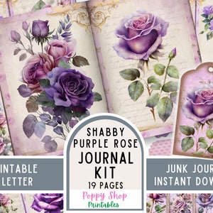 Shabby, Purple Rose, Junk Journal Kit, Vintage Rose, shabby Junk Journal Paper, Journal Pages, Rose Ephemera, Printable, Scrapbook, Digital