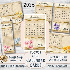 以下が含まれることがあります： 花柄デザインの2026年カレンダーカードとブックマークのコレクション。カードには、装飾的な花のアクセントとヴィンテージな美学を備えた月間カレンダーが表示されます。「Flower 2026 Calendar Cards」というテキストも表示されます。