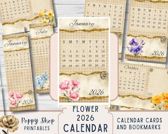 May include: A collection of 2026 calendar cards and bookmarks featuring floral designs. The cards display monthly calendars with decorative floral accents and a vintage aesthetic. The text "Flower 2026 Calendar Cards" is also visible.