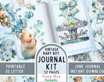 Junk Journal Kit, Baby Boy, Afdrukbaar, Blauw, Boho, Babyboek, Baby Journal, Vintage Baby Boy, Scrapbook, Baby Keepsake, Instant Download