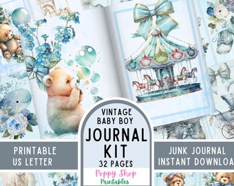 Baby Boy Junk Journal Pages and Ephemera Kit, Printable Boho Baby Book, Vintage Scrapbook Tags and Envelopes