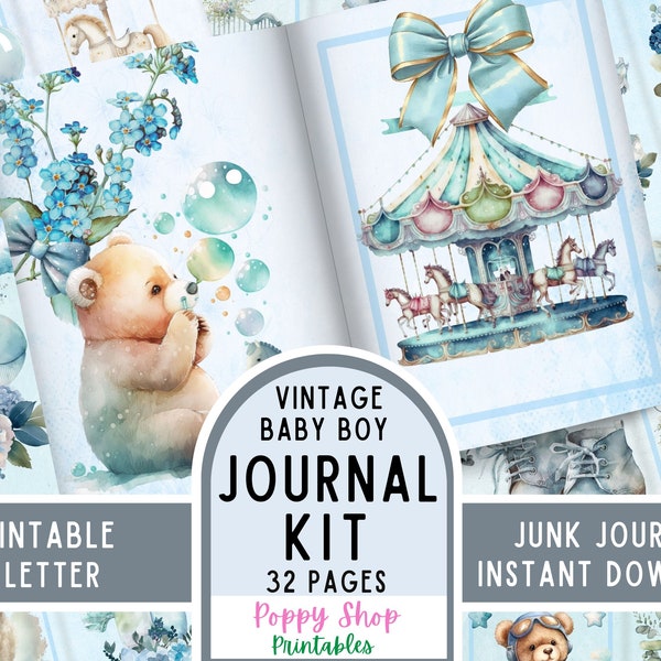 Junk Journal Kit, Baby Boy, Printable, Blue, Boho, Baby Book, Baby Journal, Vintage Baby Boy, Scrapbook, Baby Keepsake, Instant Download