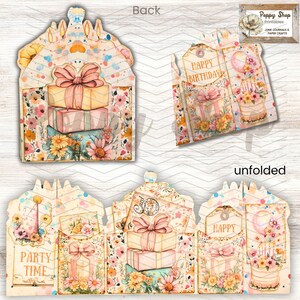 May include: A printable birthday card with a pop-up design. The card features a floral pattern with a pastel color scheme. The card is unfolded to show the different layers of the pop-up design. The card includes the text "Happy Birthday" and "Party Time".