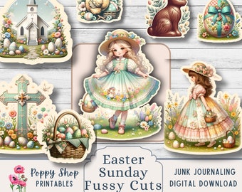 May include: A set of printable Easter Sunday fussy cuts featuring a church, a cross, a basket of eggs, a chick, a chocolate bunny, an Easter egg, and two girls in dresses. The text "Easter Sunday Fussy Cuts" is in a banner at the bottom of the image.