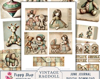 Op de afbeelding: Een digitale collage-sheet met vintage ragdolls, dieren en andere ephemera. De sheet bevat een verscheidenheid aan afbeeldingen, waaronder een giraffe, een olifant, een teddybeer en een pop in een kinderwagen. De afbeeldingen zijn allemaal in vintage stijl, met een patchwork-patroon en gedempte kleuren. De sheet is perfect voor scrapbooking, kaart maken en andere knutselprojecten.