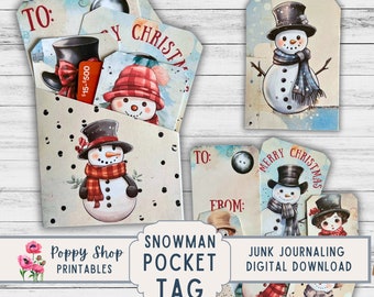 Christmas Pocket Tag, Snowman, Gift Card Holder, Christmas, Pocket Tag Folder, Whimsical, Shabby, Card, Folio, Ephemera, Printable, Download