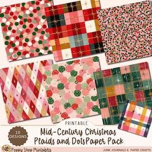 Julpläd och prickar papperspaket | Retro mitten av århundradet utskrivbart scrapbookpapper, 12x12 digital nedladdning