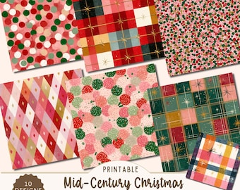 Christmas Plaid and Dots Paper Pack | Retro Mid - Century Holiday Printable Scrapbook Paper, 12x12 Digital Download