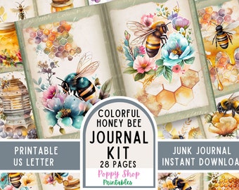Vintage Bee Junk Journal Pages and Ephemera Kit, Colorful Honey, Floral Ephemera, Printable