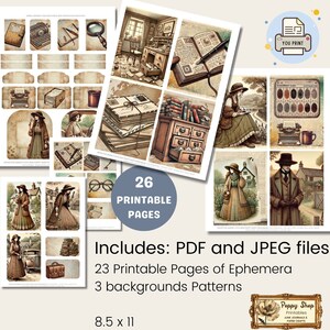 May include: A set of 26 printable pages featuring vintage illustrations of a detective agency, a woman writing in a journal, a typewriter, and other ephemera. The printable pages are 8.5 x 11 inches and include PDF and JPEG files.