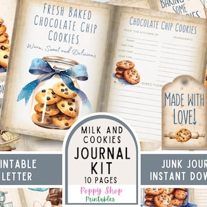 Leite e biscoitos, kit de diário indesejado, receita, panificação, biscoitos de chocolate, páginas de diário, páginas de receitas, diário indesejado, coisas efêmeras, para impressão