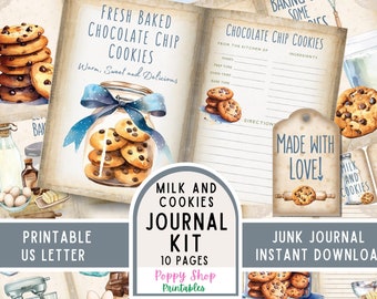 Milk and Cookies, Junk Journal Kit, Recipe, Baking, Chocolate Chip Cookies, Journal Pages, Recipe Pages, Junk Journal, Ephemera, Printable