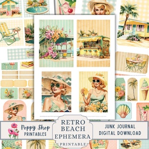 Efímera de playa, Diario basura, Playa retro, Verano, Efímera, Kit de diario basura, Náutico, Cabaña junto al mar, Collage, Imprimible, Manualidad de papel