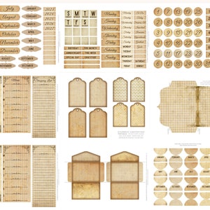 May include: A printable sheet of vintage-style planner stickers and labels. The sheet includes monthly calendar labels, days of the week labels, and various other labels with text such as "Birthday", "Anniversary", "Special Day", and "Gratitude".