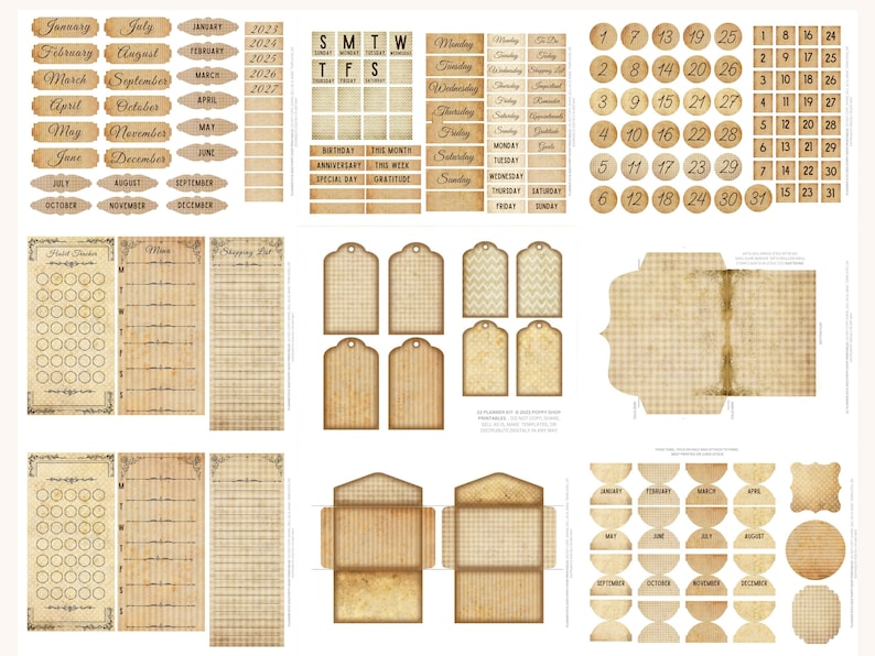 May include: A printable sheet of vintage-style planner stickers and labels. The sheet includes monthly calendar labels, days of the week labels, and various other labels with text such as "Birthday", "Anniversary", "Special Day", and "Gratitude".