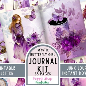 Junk Journal Kit, Mystic Girl Lila Schmetterling, Fantasy, Lesen, Kaffee, bedruckbar, Junk Journal Seite, Scrapbook, Sofort Download