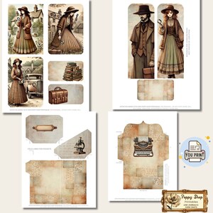 May include: Printable digital paper pack with a vintage detective theme. The pack includes images of a woman with a magnifying glass, a man with a magnifying glass, a typewriter, a microscope, and a stack of books. The paper pack also includes a printable envelope with fold lines for pockets.