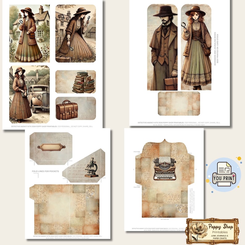 May include: Printable digital paper pack with a vintage detective theme. The pack includes images of a woman with a magnifying glass, a man with a magnifying glass, a typewriter, a microscope, and a stack of books. The paper pack also includes a printable envelope with fold lines for pockets.