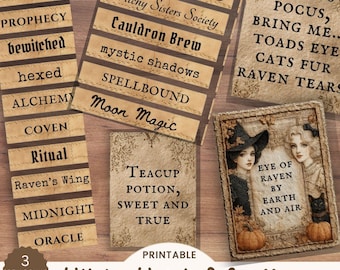 Witchy Word Strips & Spell Cards, Halloween Ephemera Printables, Cottagecore Witchcraft Phrases, Quotes for junk journals and Cardmaking