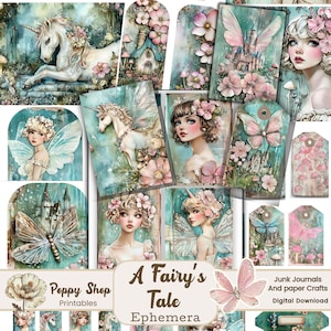Feen Ephemera, Einhorn Junk Journal, fairycore Ephemera, Fairytale Ephemera Kit, Schmetterling, Shabby Chic, wunderliche Fee, bedruckbar, Papiere